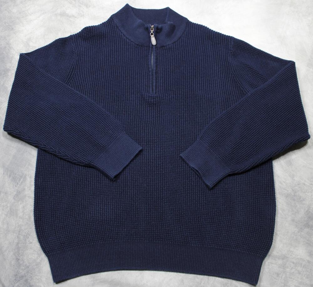 L.L.Bean Men's XXL Quarter Zip Sweater Navy Cotton Cashmere Waffle Knit Pullover